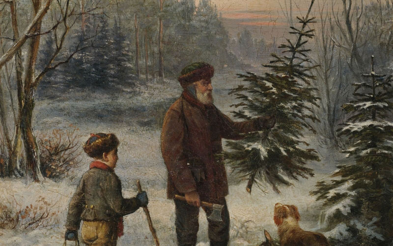 Franz Kruger, father and son, dog, christmas tree, forest, painting, Christmas, New Year, winter