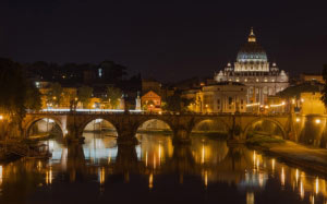 мост Сант-Анджело, Базилика Святого Петра, ночь, Рим, Италия, город, архитектура