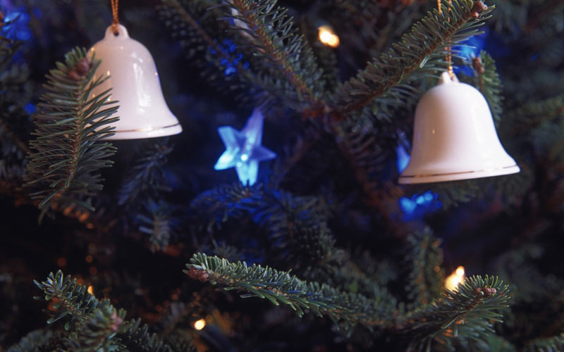 bell, ceramic, decoration, fir, pine, tree, festive, seasonal, christmas tree, handing ornaments, christmas