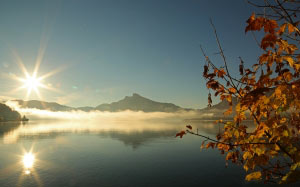 осень, озеро, берег, река, природа, пейзаж, листья, закат, рассвет, солнце, гора