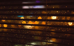 blurry, lights, rain, window, blinds, dark, night, room, city