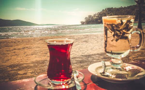 море, пляж, стаканы, чашки, океан, напиток, чай, близко, отпуск, отдых