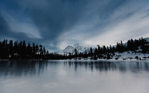 clouds, cold, lake, landscape, mountains, nature, scenic, sky, snow, trees, water, winter, ice
