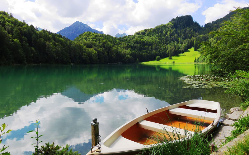 alatsee, rowing boat, summer, lake, forest, river, mountains, landscape, trees