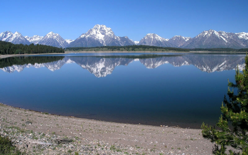 jackson lake, grand teton, national park, wyoming, water, reflections, blue, sky, nature, shoreline, mountains, forest, summer, spring, 