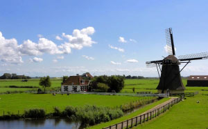 netherlands, landscape, sky, clouds, windmill, house, barn, home, pond, summer, spring, farm, rural, nature, countryside
