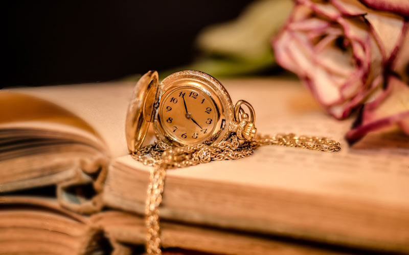 clock, pocket watch, time, clock face, golden, chain, old books, open books, dried rose, past
