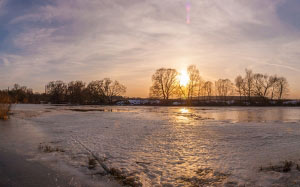 sunset, panorama, spring, river, ice, nature, landscape