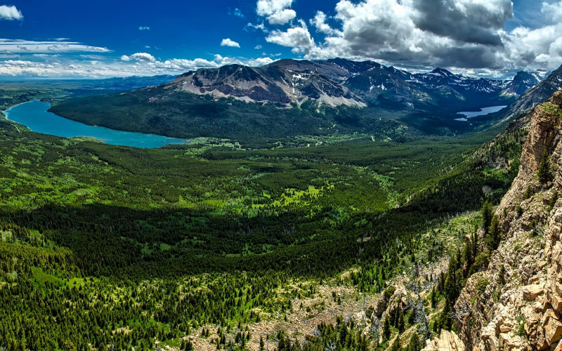 glacier national park, montana, panorama, mountains, valley, forest, trees, woods, landscape, scenic, river, nature, wilderness