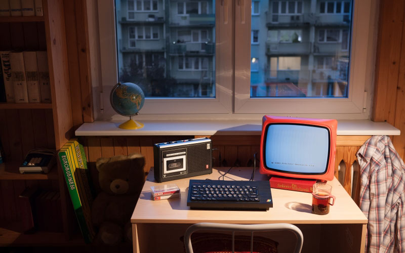 old computer, retro computer, desk, room, evening, window, zx spectrum, unitra vela 203 portable tv, unitra tape recorder, grundig