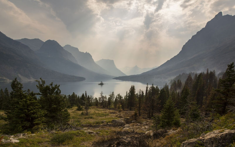 landscape, panorama, scenic, clouds, lake, mountains, trees, wild goose island, glacier national park, montana, wilderness, forest
