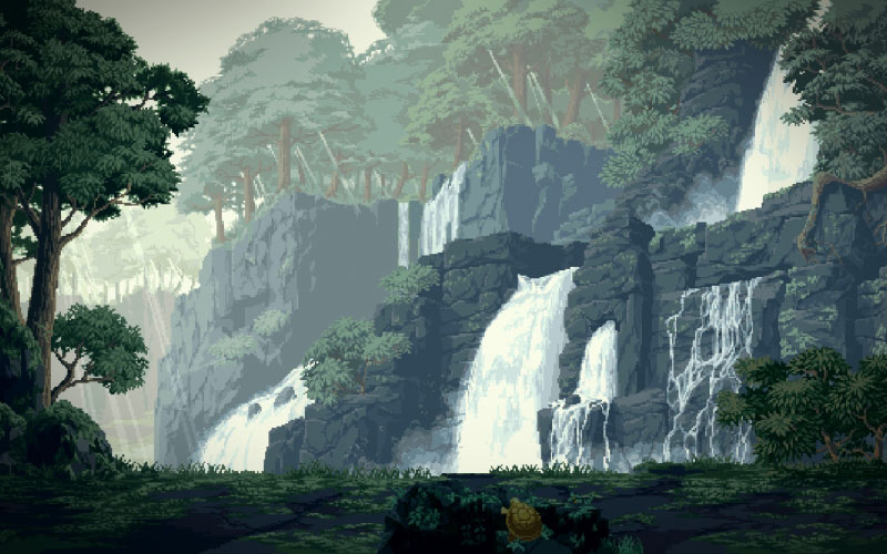 пиксель-арт, водопады, пейзаж, вода, природа