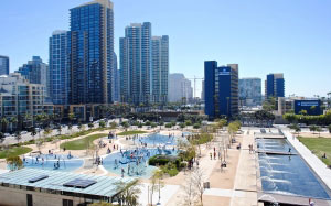 sand diego, california, waterfront, embarcadero, park, playground, skyline, skyscrapers, city, usa, urban, america, people, summer, weekend, city park, splash park, sunny