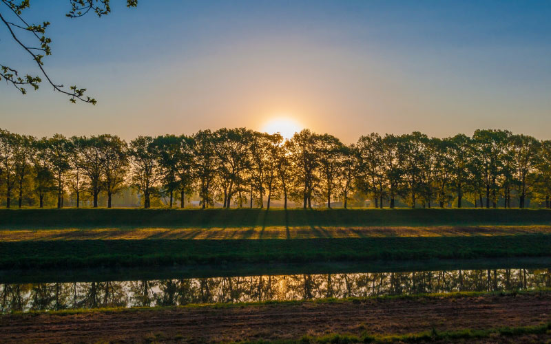 countryside, dusk, evening, fall, field, grass, landscape, light, nature, outdoors, rural, scenic, shade, summer, sunset, trees, water, wood, river