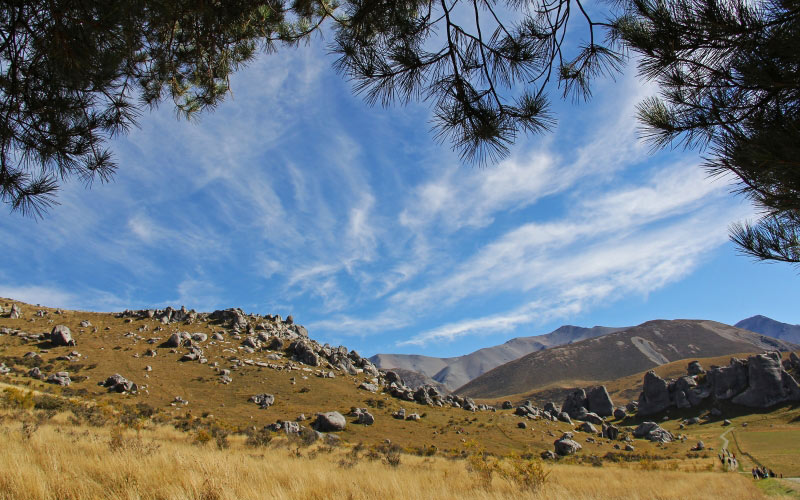 голубое небо, горы, природа, облака, холмы, новая зеландия, природа, пейзаж, камни