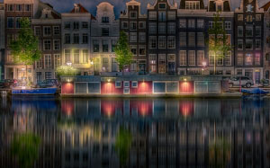 амстердам, канал, каналы, вода, ландшафт, городской пейзаж, облака, города, архитектура, река, огни, вечер, ночь