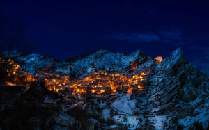 evening, houses, landscape, lights, mountains, outdoors, scenic, sky, snow, village, winter, night