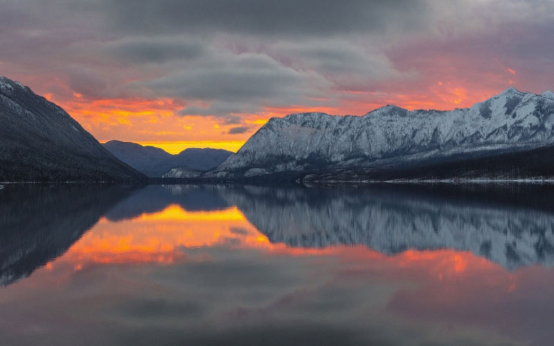 landscape, sunset, apgar mountains, glacier national park, montana, twilight, evening, clouds, light, snow, peaks, scenic, dusk, reflection, water, wilderness