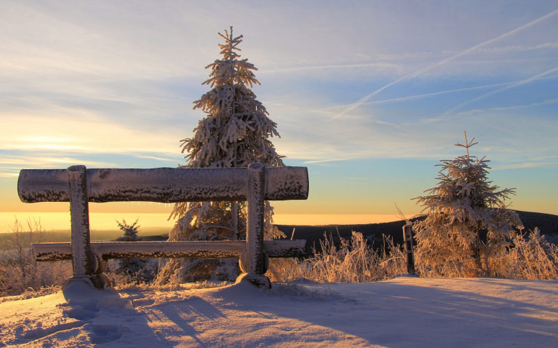 bench, clouds, sky, cold, nature, snow, sunrise, sunset, winter, landscape, trees