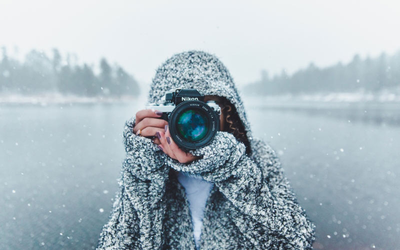 camera, forest, nikon, river, seasonal, snow, winter, woman, female, girl