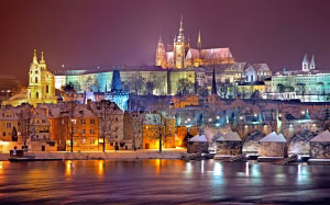 prague, winter, night, snow, prague castle, czech republic, praha, bridge, charles bridge, city, europe, capital, historically, vltava, river