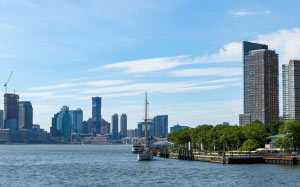 sea, architecture, buildings, city, new york, nyc, ocean, water, blue, sky, ships, skyscrapers