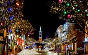 town, street, church, decoration, night, architecture, colorful lights, xmas, christmas, burlington, vermont, buildings, cityscape, christmas decoration, december