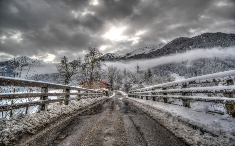 bridge, hdr, river, landscape, scenic, clouds, road, winter, mountain, snow, sky, house, nature, forest