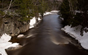 flow, stream, nature, landscape, river, water, snow, winter, rocks, trees, sky, clouds, mountains
