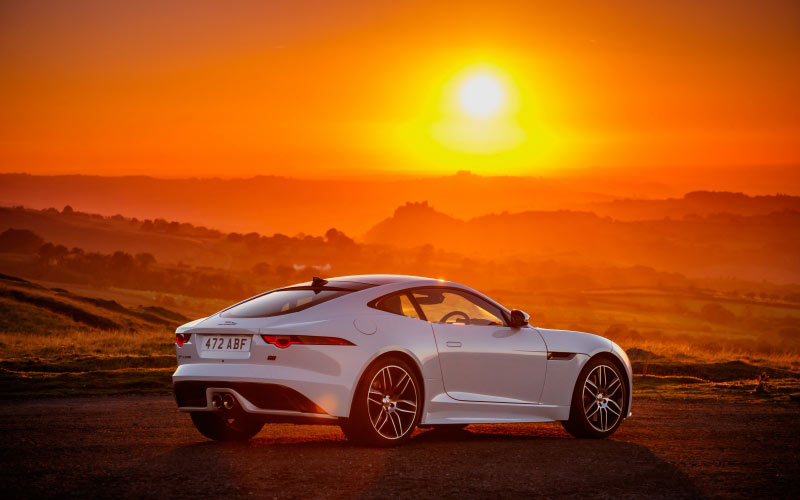jaguar, jaguar f-type, car, auto, sunset, landscape