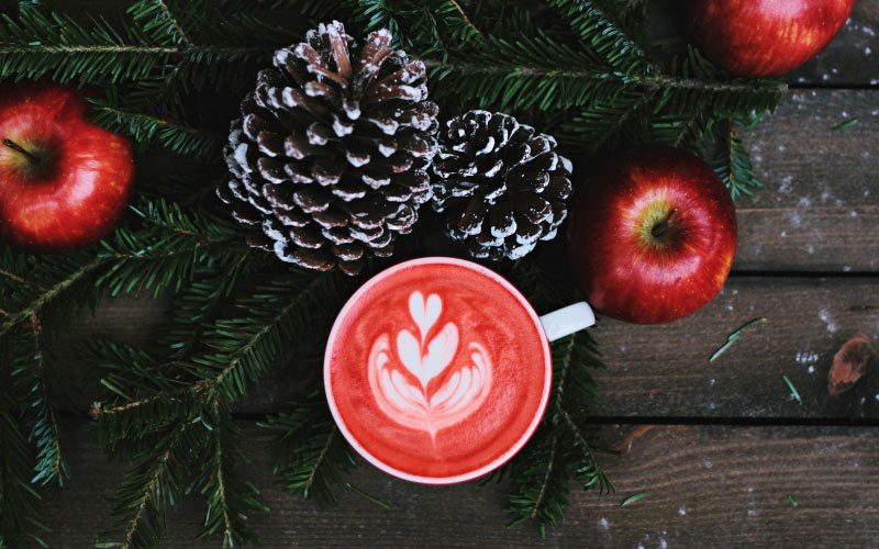 christmas, xmas, new year, coffee, apples, fir, braches, table, cones