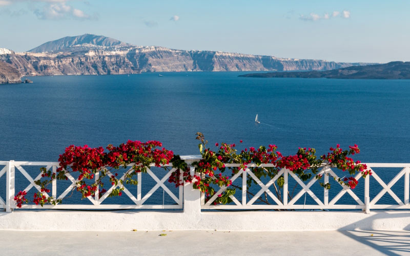 railing, santorini, greece, sea, ocean, mountains, flowers, terrace, landscape