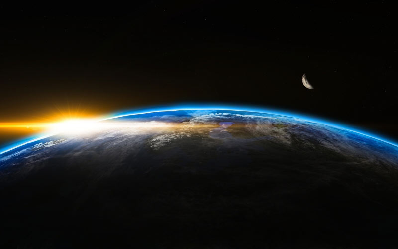 sunrise, space, outer space, globe, world, earth, sunlight, flare, beam, horizon, planet, stratosphere, atmosphere