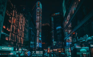 cyberpunk, chongqing, night, city, cityscape, lights, skyscrapers, sci-fi