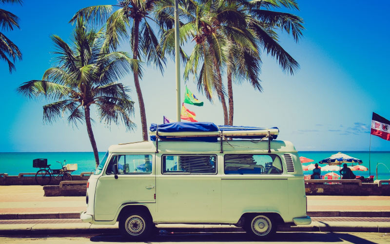 beach, water, sand, sky, sunshine, car, automobile, vw, volkswagen, van, summer, vacation, travel, vehicle, holiday, camping, tourism, trip, vw camper, classic car, bus, sunny, hippie, sixties, palm trees, vanagon, boa viagem beach