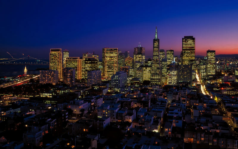 Сан-Франциско, ночь, вечер, небоскребы, трансамериканская пирамида, Калифорния, город, городской, городской пейзаж, центр города, горизонт, архитектура, огни
