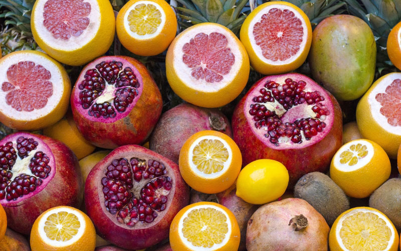 fruits, tropical, vibrant, refreshment, fresh, lemon, grapefruit, pomegranate, citrus, seeds