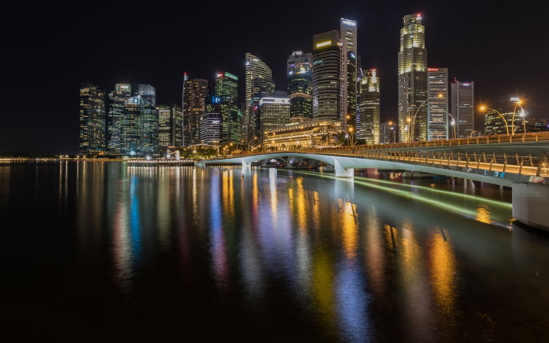 skyline, central business district, singapore, esplanade bridge, night, colorful, lights, reflected, water, city
