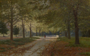 autumn in the fitzroy gardens, , oil on canvas, john mather, autumn, trees, painting
