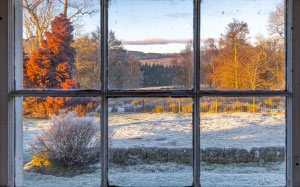 frosty, evening, window, scottish, farm, trossachs, united kingdom, nature, winter, november, autumn, december