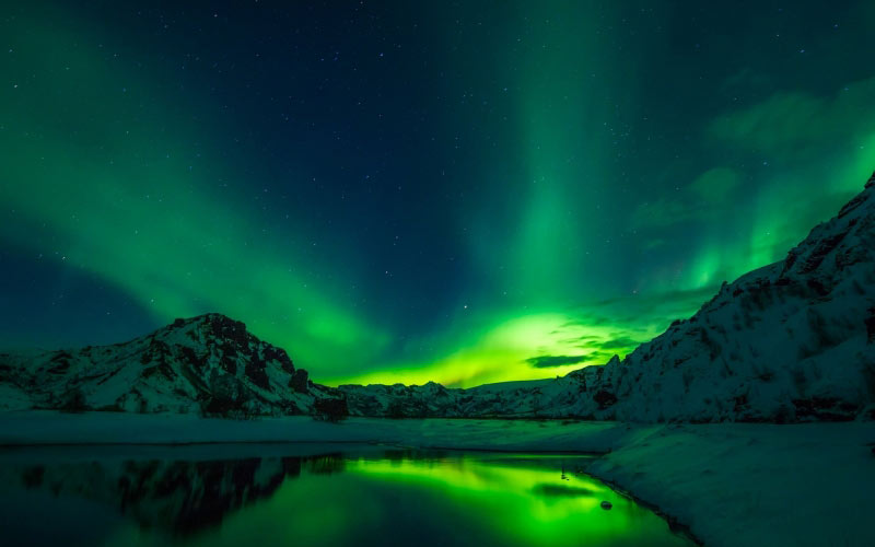 iceland, aurora borealis, northern lights, night, sky, landscape, winter, snow, mountains, lake, water, reflections, nature, outdoors, wilderness, colorful, phenomenon