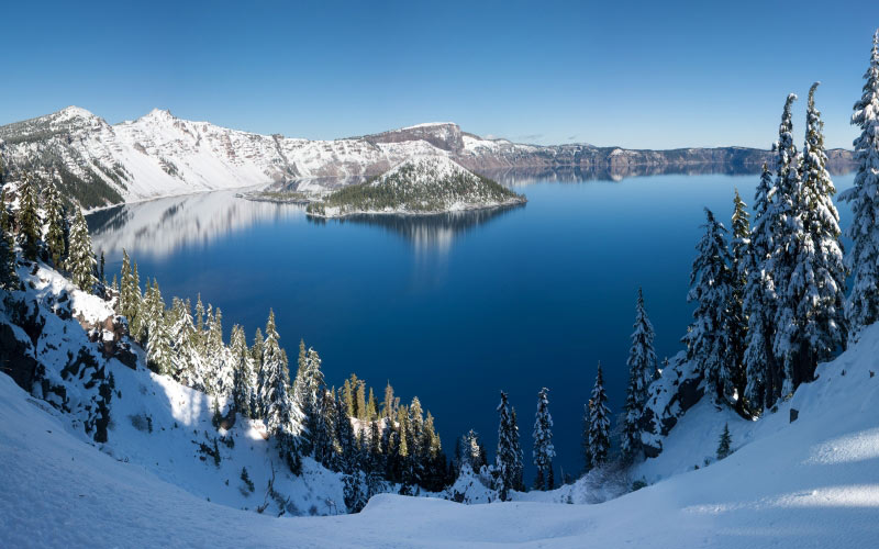 панорама, зима, вид, кратерное озеро, национальный парк, орегон, озеро, ясное небо, голубое небо