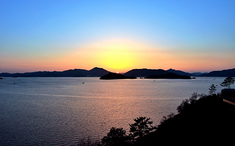 sunset, korea, water, sky, water, mountain, nature, dusk, lake, landscape, horizon, sunrise