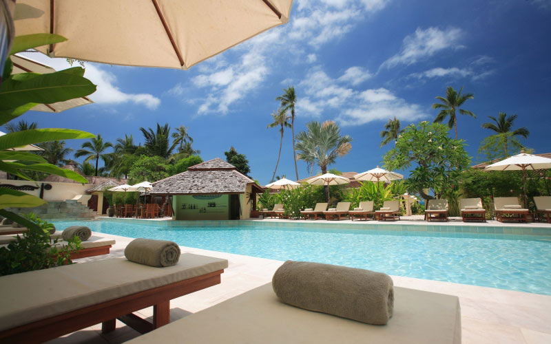 beach chairs, clouds, hotel, idyllic, leisure, luxury, palm, palm trees, resort, vacation, summer, pool
