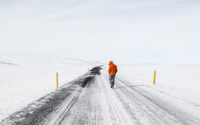 people, alone, cold, daylight, frost, frosty, frozen, ice, landscape, outdoors, person, road, scenic, season, snow, travel, weather, winter, cold temperature, rear view, day, sky, nature, men, walking, environment