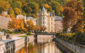 autumn, karlovy vary, czech, trees, architecture, building, nature, river, day, bridge, history, castle, palace