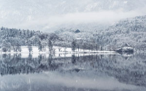 туман, лес, озеро, пейзаж, горы, снег, идет снег, деревья, зима, вода, холод, природа, отражение, спокойствие, на открытом воздухе