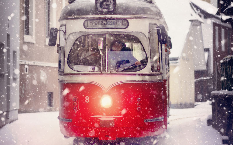 трамвай, снежный, день, дорога, транспортная система, город, улица