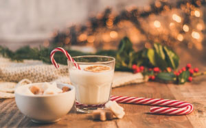 drink, glass, milk, candy cane, blurred background, candies, christmas, xmas, new year, food and drink, table, focus on foreground, still life, holiday, cookie