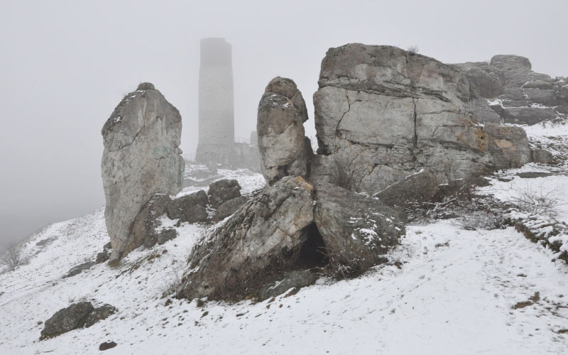 rock, mountain, snow, winter, weather, castle, poland, monolith, ruins